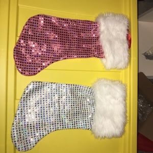 2 sequin Christmas stockings - one pink, one silver
